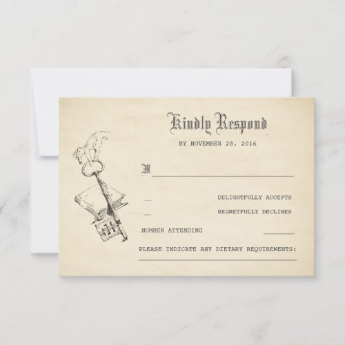 Old Vintage Story Book Wedding RSVP - Fairy tale wedding reply cards with vintage key