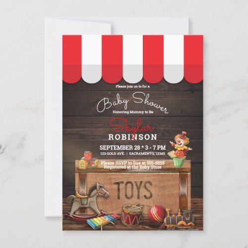 Old Vintage Toys Wooden Toybox Baby Shower Invitation