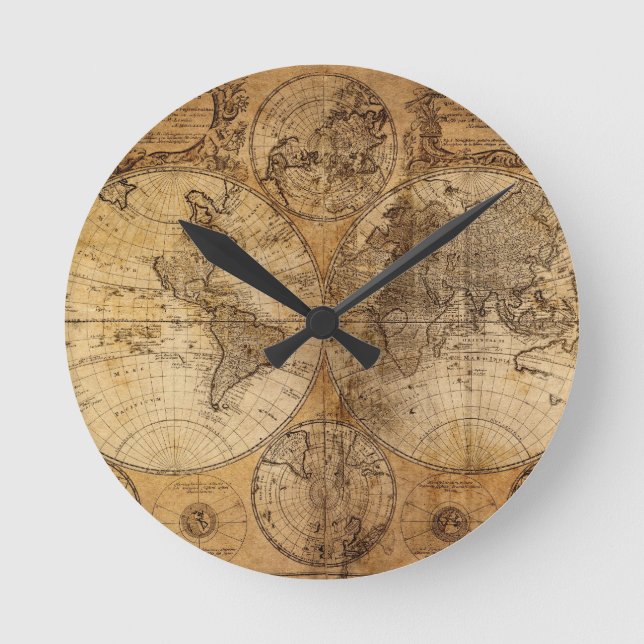 Old Vintage World Map Round Clock (Front)