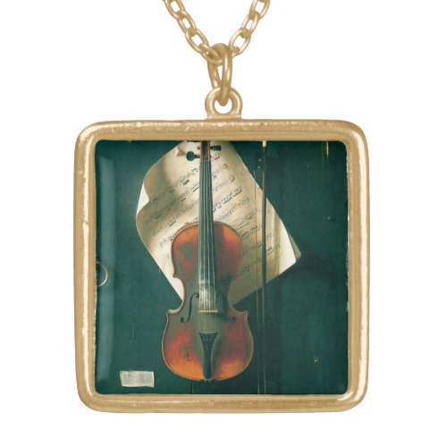 Old Violin Still Life by William Michael Harnett Gold Plated Necklace