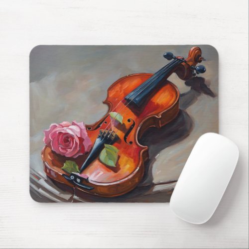 Old Violin with Pink Rose Impressionism Mouse Pad