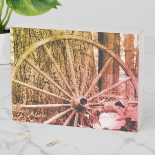 Old Wagon Wheel Black And White Distressed Vintage Wooden Box Sign