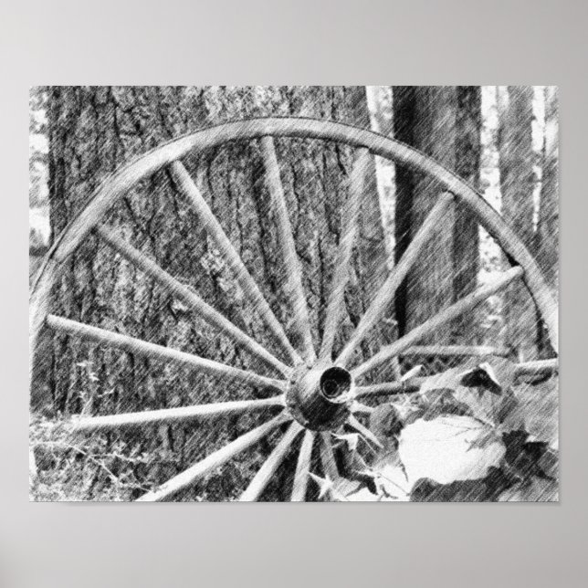 Old Wagon Wheel Black Pencil Art Poster (Front)