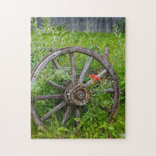 Old wagon wheel in historic old gold town 3 jigsaw puzzle