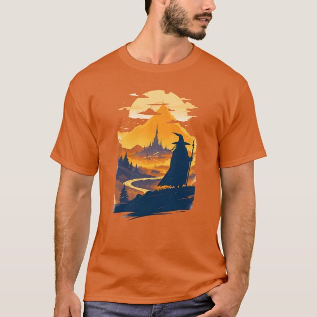 Old Wanderer Gazing at a Mystical City Fantasy T-Shirt (Front)