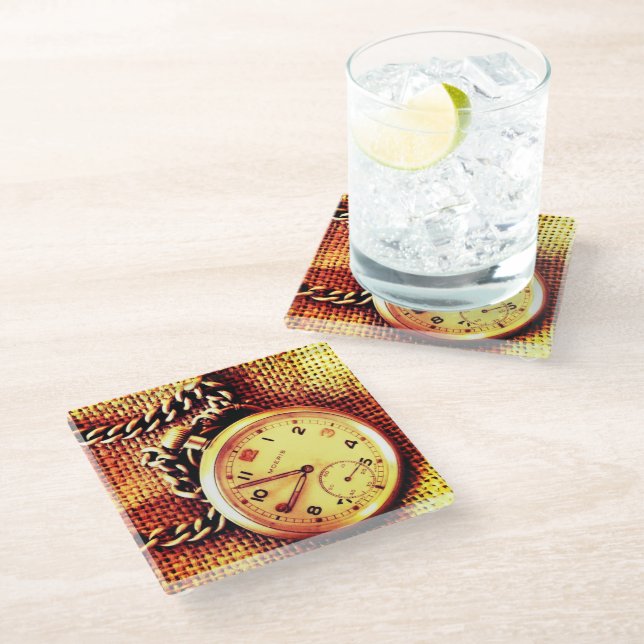 Old Watch and Chain Glass Coaster (Angled)