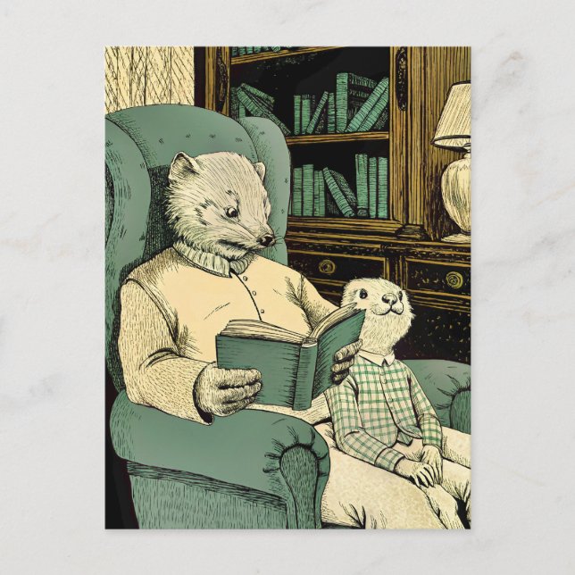 Old weasel reading a book to a young weasel postcard (Front)