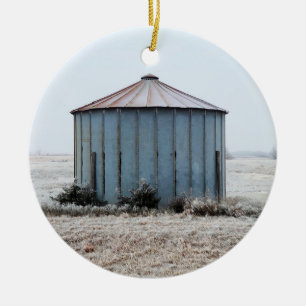 Old Weathered Grain Bin During Winter Time Ceramic Ornament