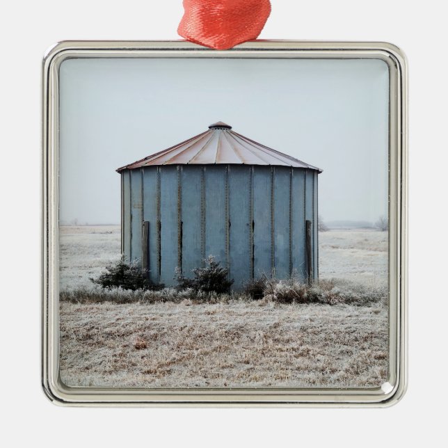 Old Weathered Grain Bin During Winter Time Metal Ornament (Front)