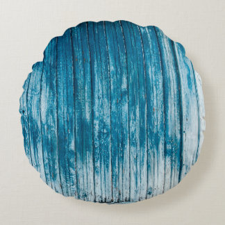 Old weathered grunge wooden faded pale blue paint round pillow