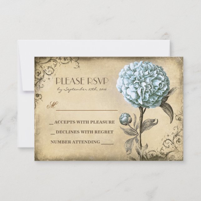 old wedding RSVP card with blue peony bloom (Front)