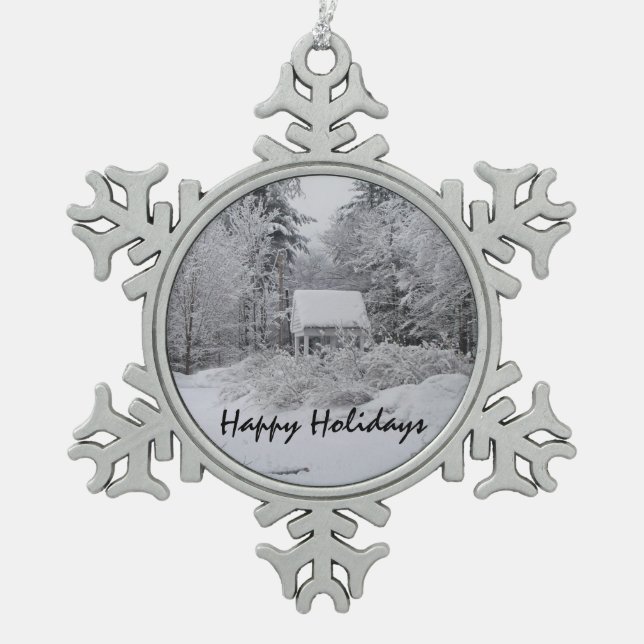 Old Well House at Christmas Snowflake Pewter Christmas Ornament (Front)