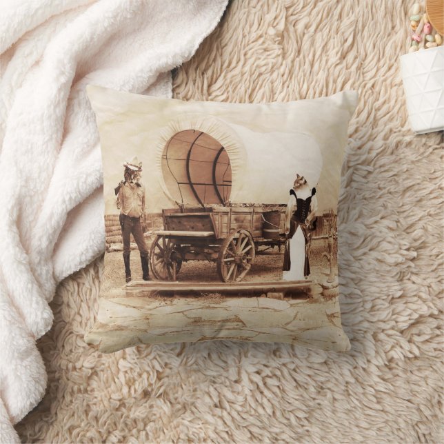 Old West Cats with Covered Wagon Throw Pillow (Blanket)