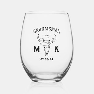 Old West Cowboy Personalized Groomsmen Monogram Stemless Wine Glass