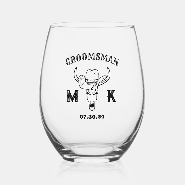 Old West Cowboy Personalized Groomsmen Monogram Stemless Wine Glass (Front)
