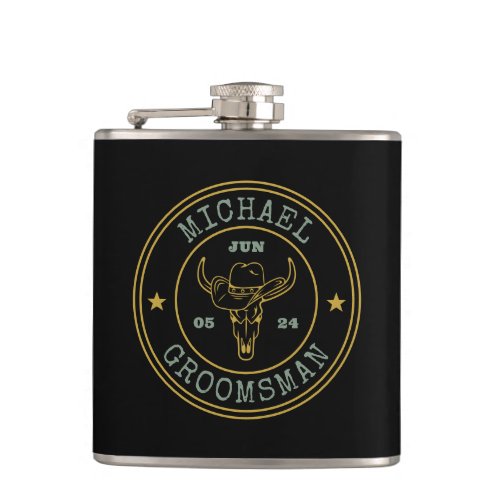 Old West Cowboy Rustic Logo Personalized Groomsmen Flask