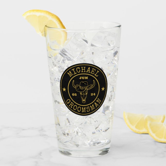 Old West Cowboy Rustic Logo Personalized Groomsmen Glass (Front Ice)