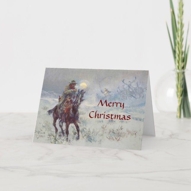 Old West Cowboy see's Santa Christmas Card (Front)