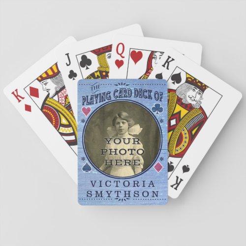Old West Custom Photo Personalized Blue Wood Poker Cards