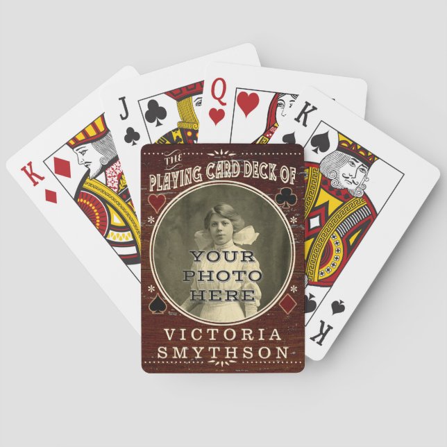Old West Custom Photo Personalized Brown Wood Poker Cards (Back)