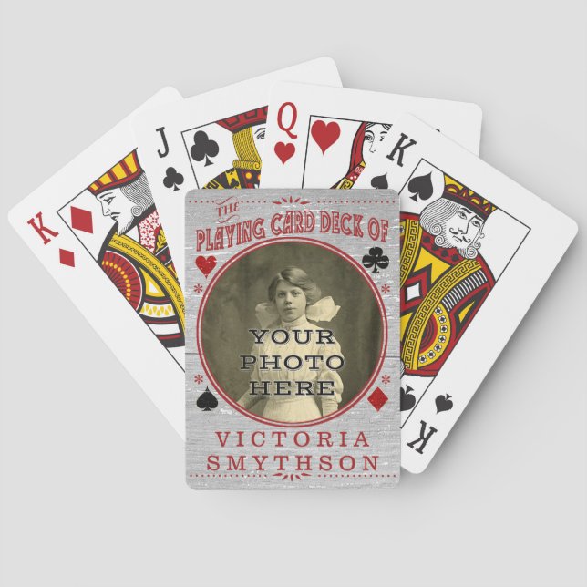 Old West Custom Photo Personalized Gray Wood Poker Cards (Back)