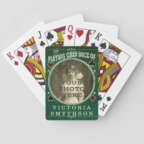 Old West Custom Photo Personalized Green Wood Poker Cards