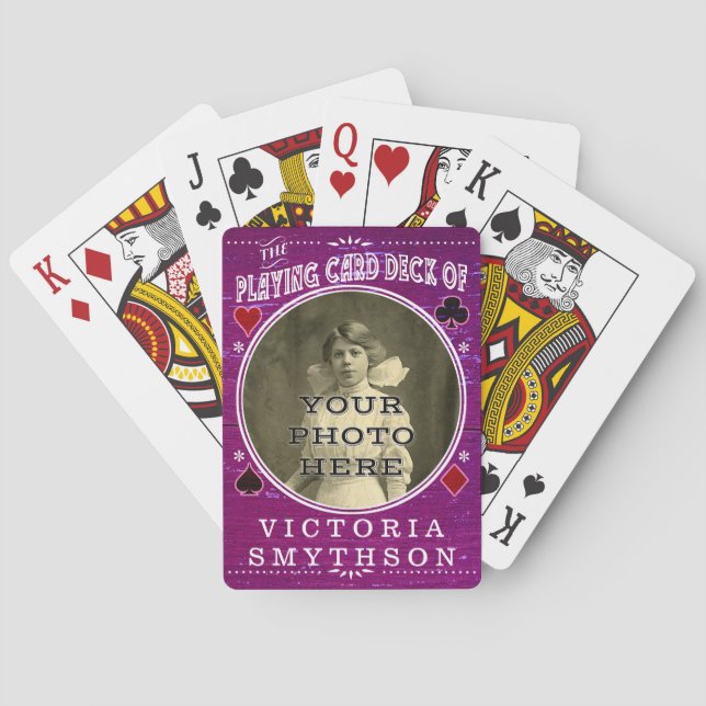 Old West Custom Photo Personalized Purple Wood Poker Cards (Back)