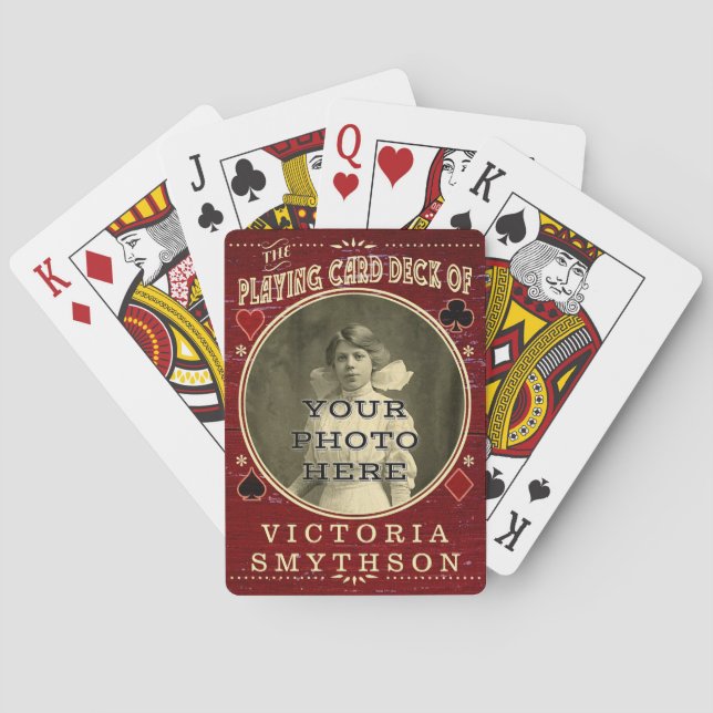 Old West Custom Photo Personalized Red Wood Poker Cards (Back)