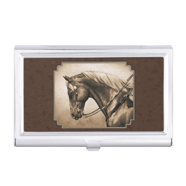 Old West Quarter Horse Sepia Brown Business Card Holder (Front)