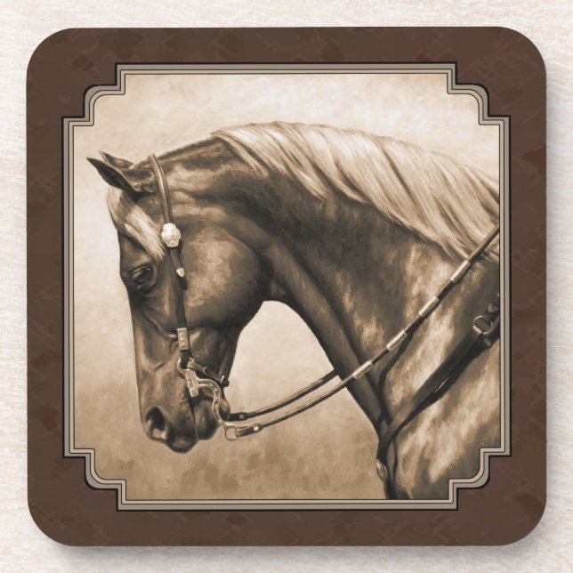 Old West Quarter Horse Sepia Brown Drink Coaster (Front)
