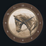 Old West Quarter Horse Sepia Brown Large Clock<br><div class="desc">Beautifully painted portrait of a golden sorrel quarter horse with flaxen mane sporting a fancy western pleasure show bridle and saddle. Realistic artwork created from an original oil painting by equine and wildlife artist Crista S. Forest, then digitally edited to give it an aged or old photo effect in warm...</div>