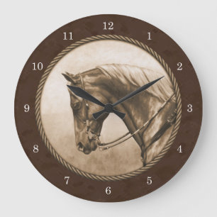 Old West Quarter Horse Sepia Brown Large Clock