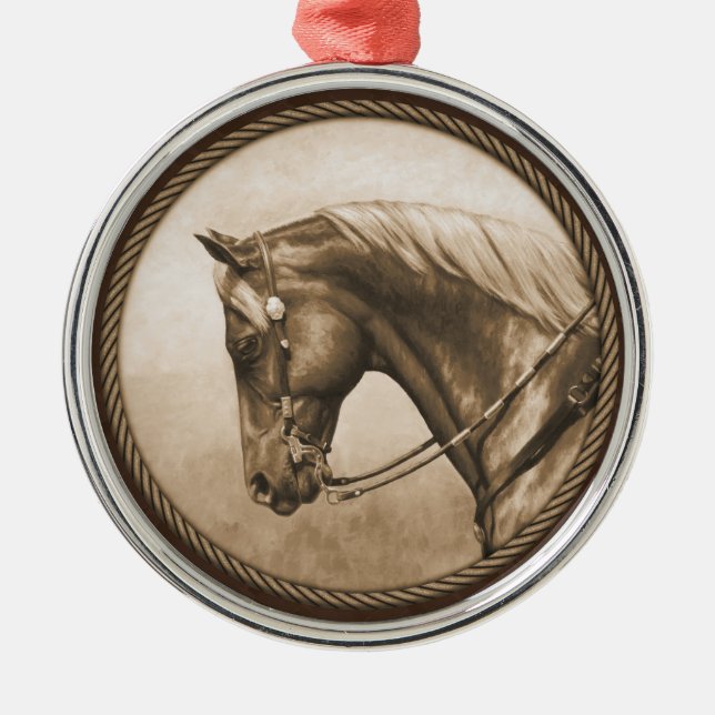 Old West Quarter Horse Sepia Brown Metal Ornament (Front)