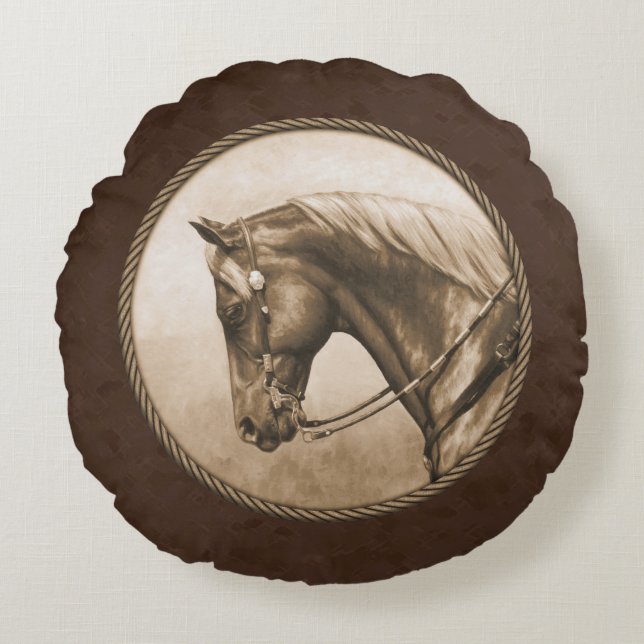 Old West Quarter Horse Sepia Brown Round Pillow (Front)