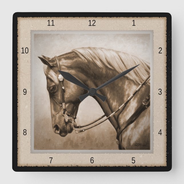 Old West Quarter Horse Sepia Brown Square Wall Clock (Front)