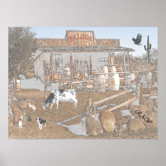 Old West Saloon Photo-clip-art - charcoal effect Poster (Front)