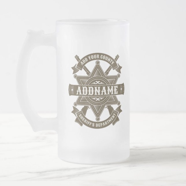 Old West Sheriff Deputy Rifles Badge Personalized Frosted Glass Beer Mug (Left)