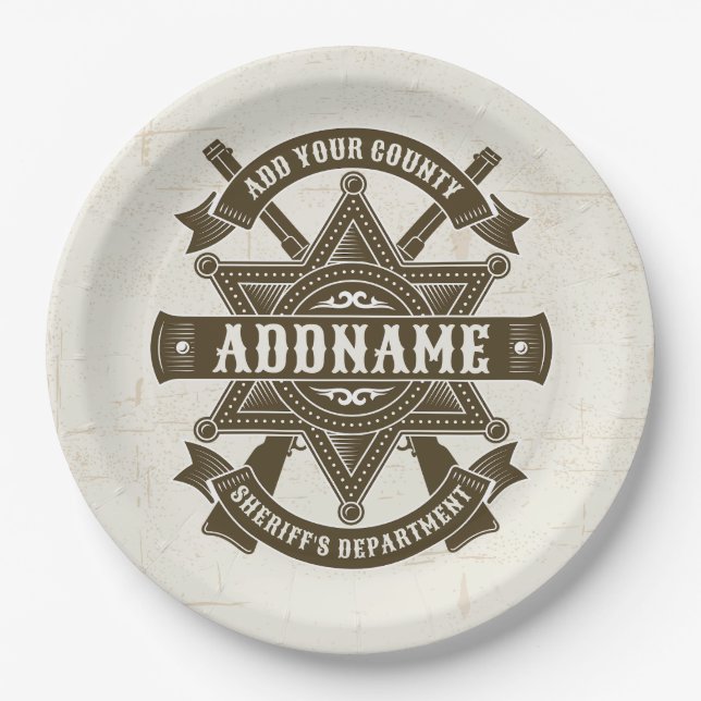 Old West Sheriff Deputy Rifles Badge Personalized Paper Plates (Front)