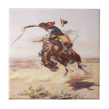 Old Western Cowboy Riding A Bucking Horse Tile by RODEODAYS at Zazzle