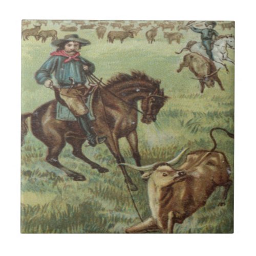 Old Western Cowboys Round Up Steers Tile