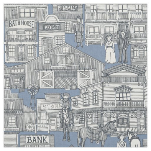 old western town blue fabric