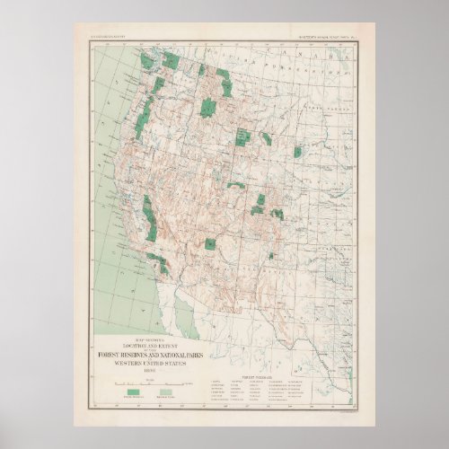 Old Western US National Forests  Parks Map 1898 Poster