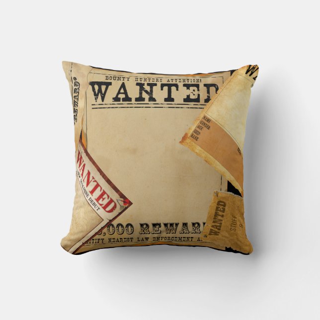 Old Western Wanted Posters On Black Throw Pillow (Front)