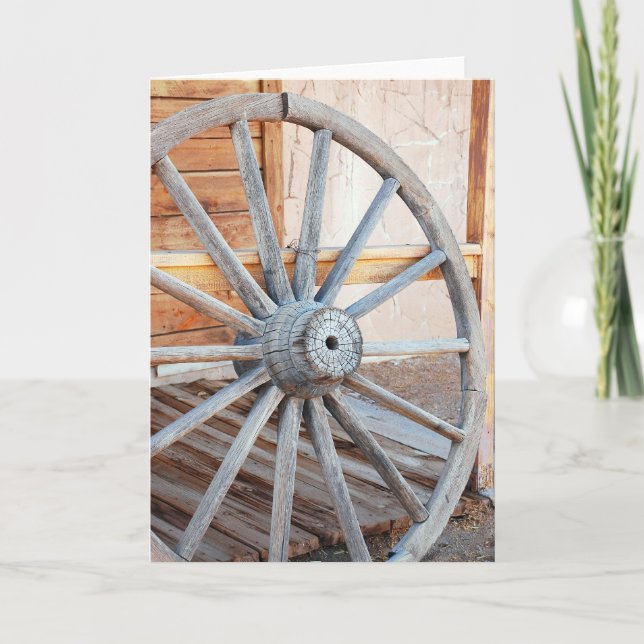 Old western wooden wagon wheel greeting card (Front)