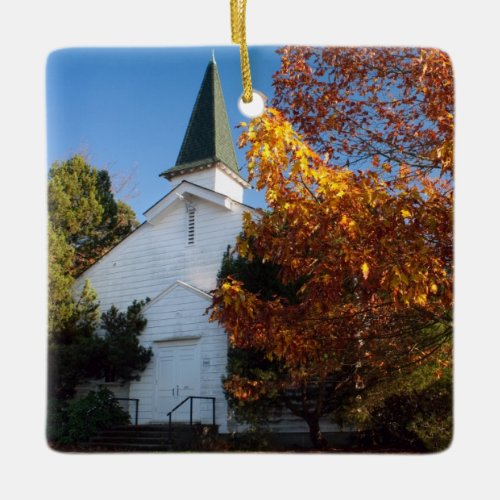 Old White Church in Autumn Ceramic Ornament