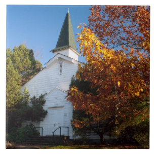 Old White Church in Autumn Ceramic Tile
