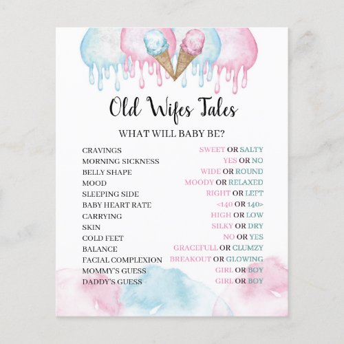 Old Wifes Tales ice cream party game paper Sheet