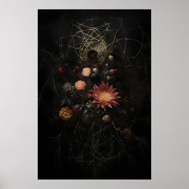 Old Wilted Flowers In Cobweb Print, Moody Flower Poster (Front)