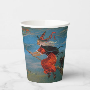 Old Witch Flying Broom, Black Cat, Halloween  Paper Cups
