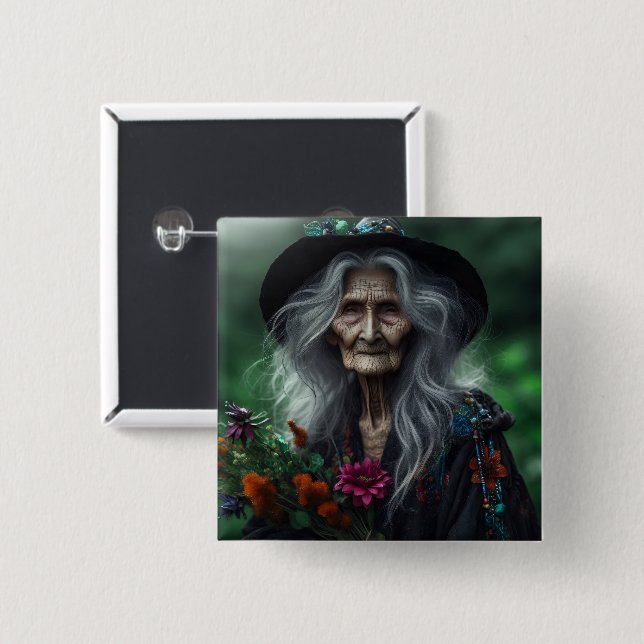 Old Witch Gathering Herbs for Potions  Button (Front & Back)